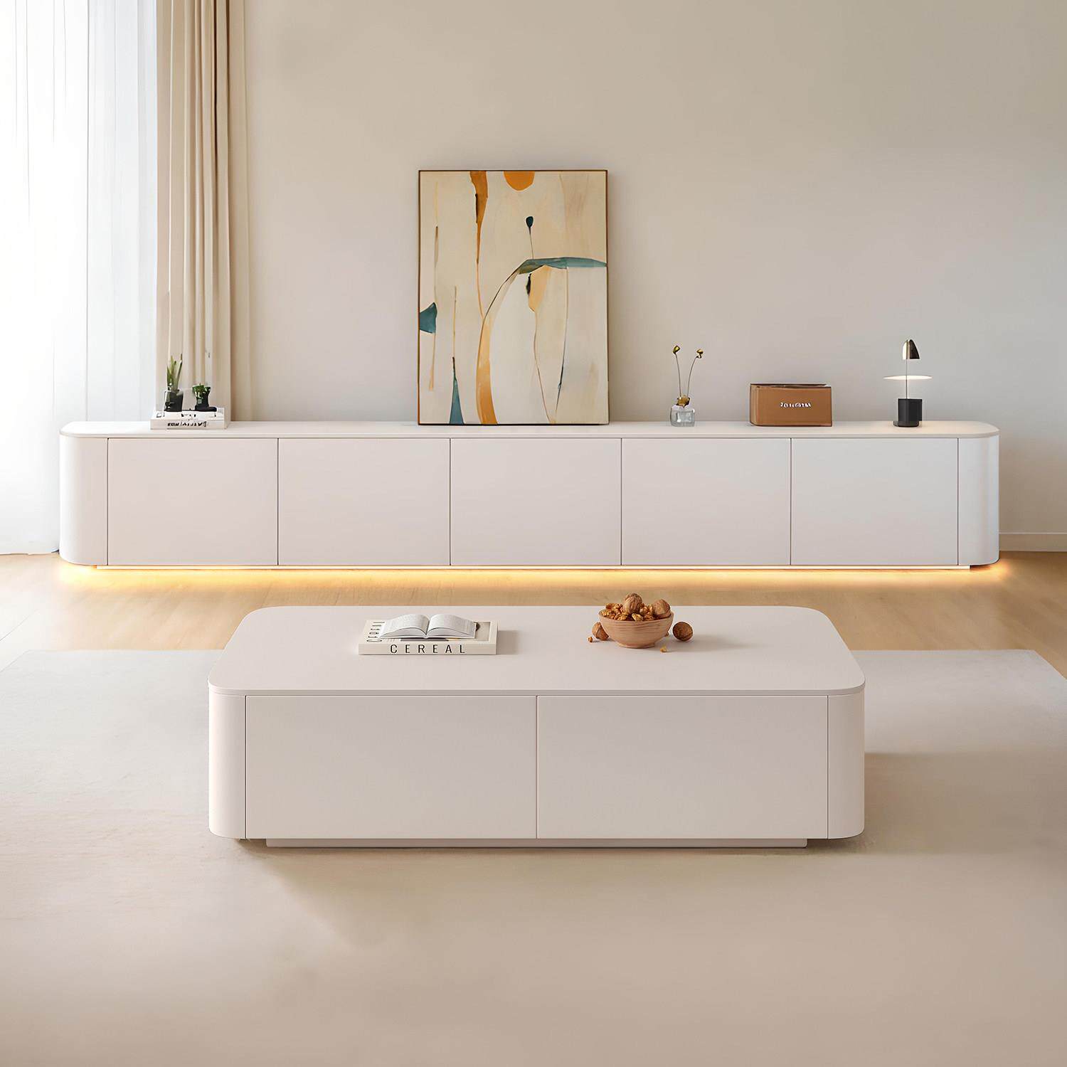 轻奢高款落地茶几电视柜组合简约现代小户型客厅实木卧室地柜白色