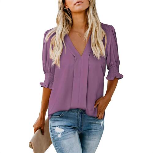 A fashionable and elegant women's solid color V-neck T-shirt