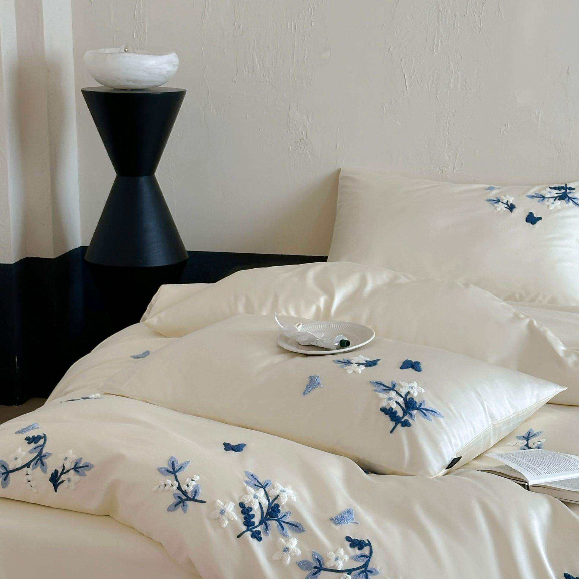 美式清新小碎花100支长绒棉四件套纯棉全棉被套高档毛巾绣床品1.8