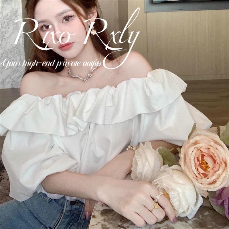 RIXO RXLY法式荷叶边一字肩短袖衬衫女春夏季小众设计感甜美上衣