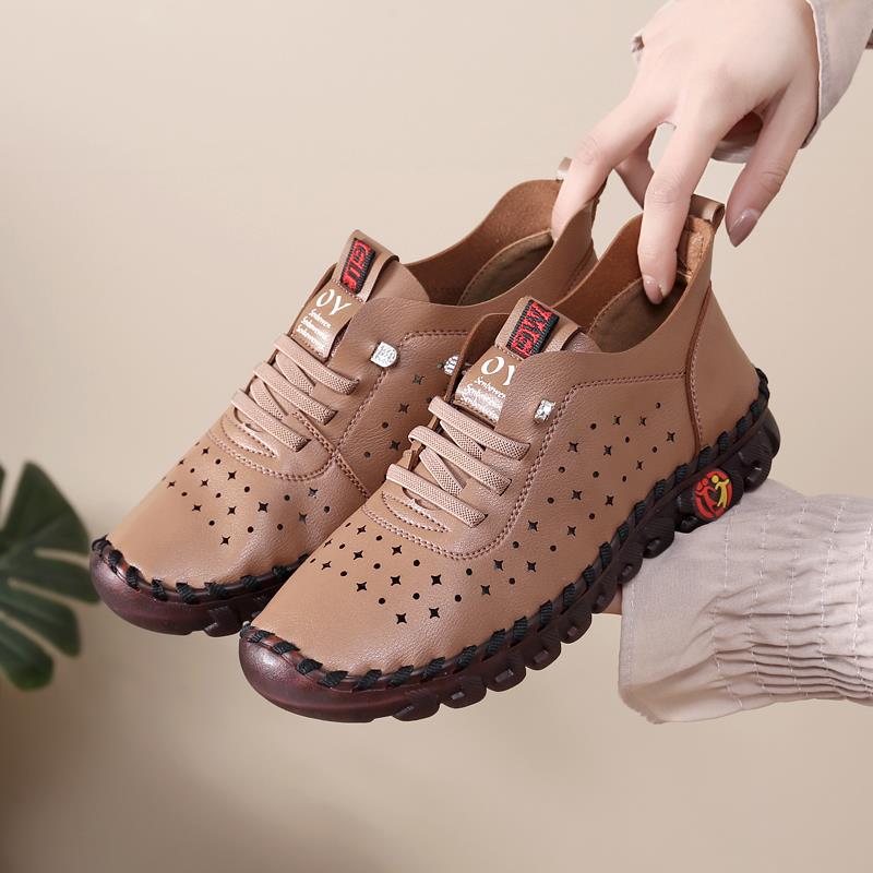 高档妈妈鞋牛筋鞋底软底中累皮鞋舒适红春秋真皮一脚蹬不脚老年女