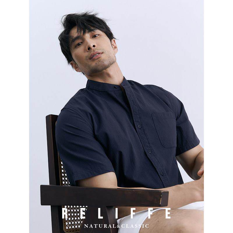 夏季商务立领暗条纹短袖白色衬衫男士中式圆领纯棉休闲 衬衣无领