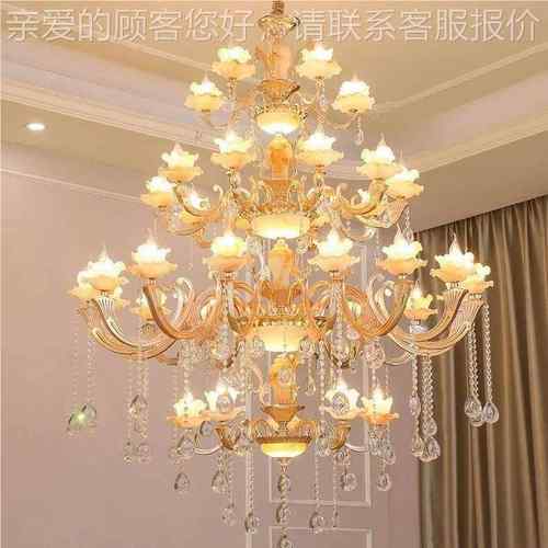 复式楼客厅灯楼欧式水晶吊灯别99283墅大厅堂大中楼具锌合灯金吊