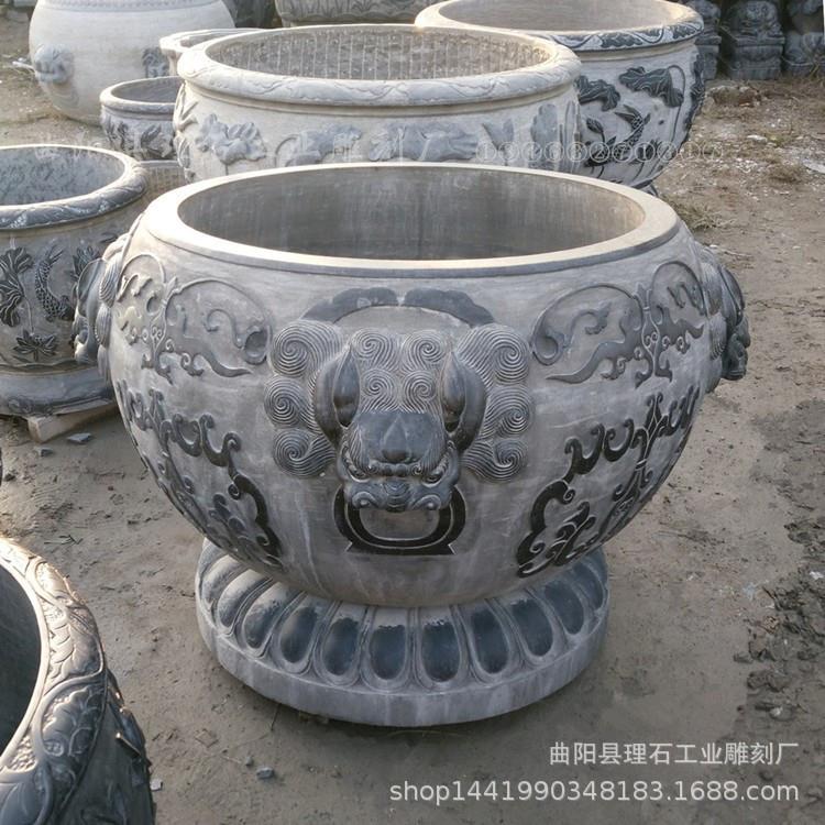 厂家供应石雕鱼缸做旧青石仿古石缸花盆摆件中式庭院圆形狮头鱼缸