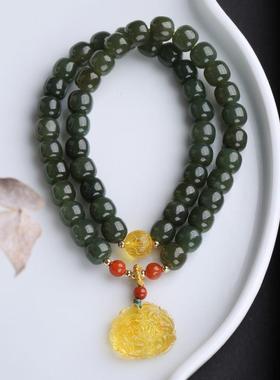 天然双层和田玉老形珠手链青玉桶珠吊南红蜜蜡玫瑰花多圈手串
