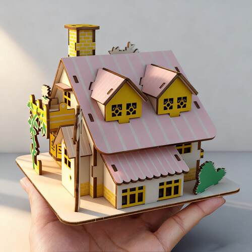 趣味3d立体拼图木质小房子儿童拼插DIY手工拼装房屋模型别墅玩具