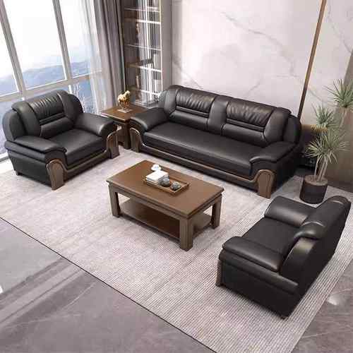 办公室沙发接待会客黑色真皮三人座休闲区可睡躺商务洽谈茶几组合