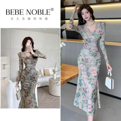 BEBE NOBLE法式气质修身洋装女2025夏季高级感V领鱼尾包臀长裙