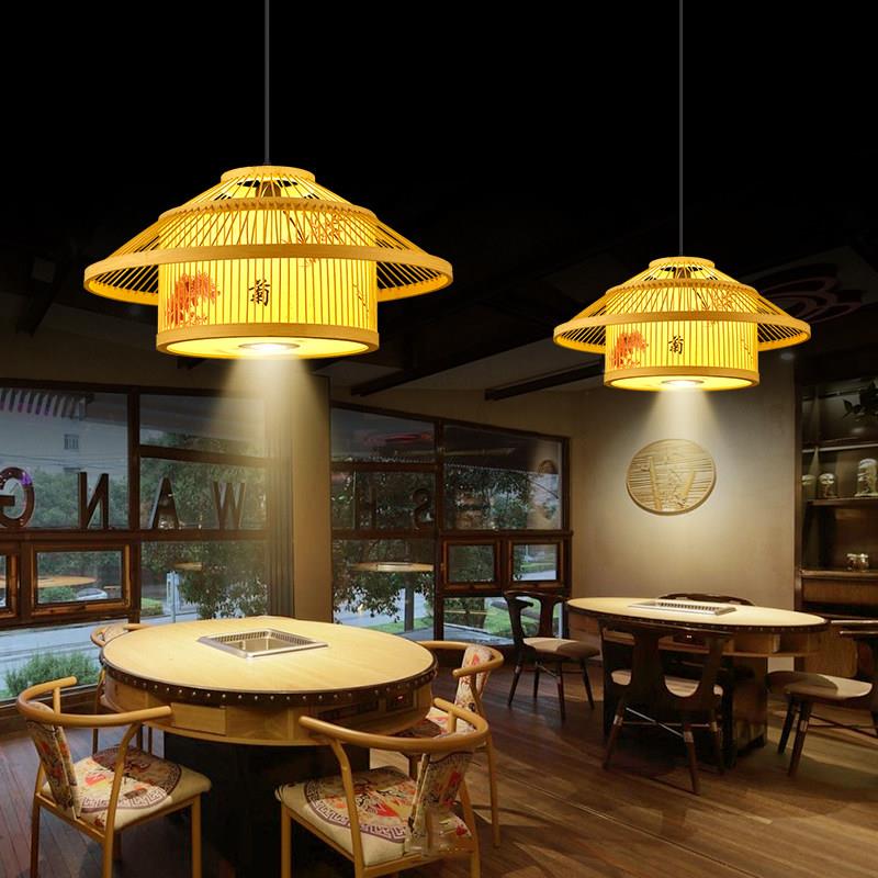 新中式饭厅饭店包间竹编吊灯覆古风餐饮店铺专用带射灯竹艺房子灯