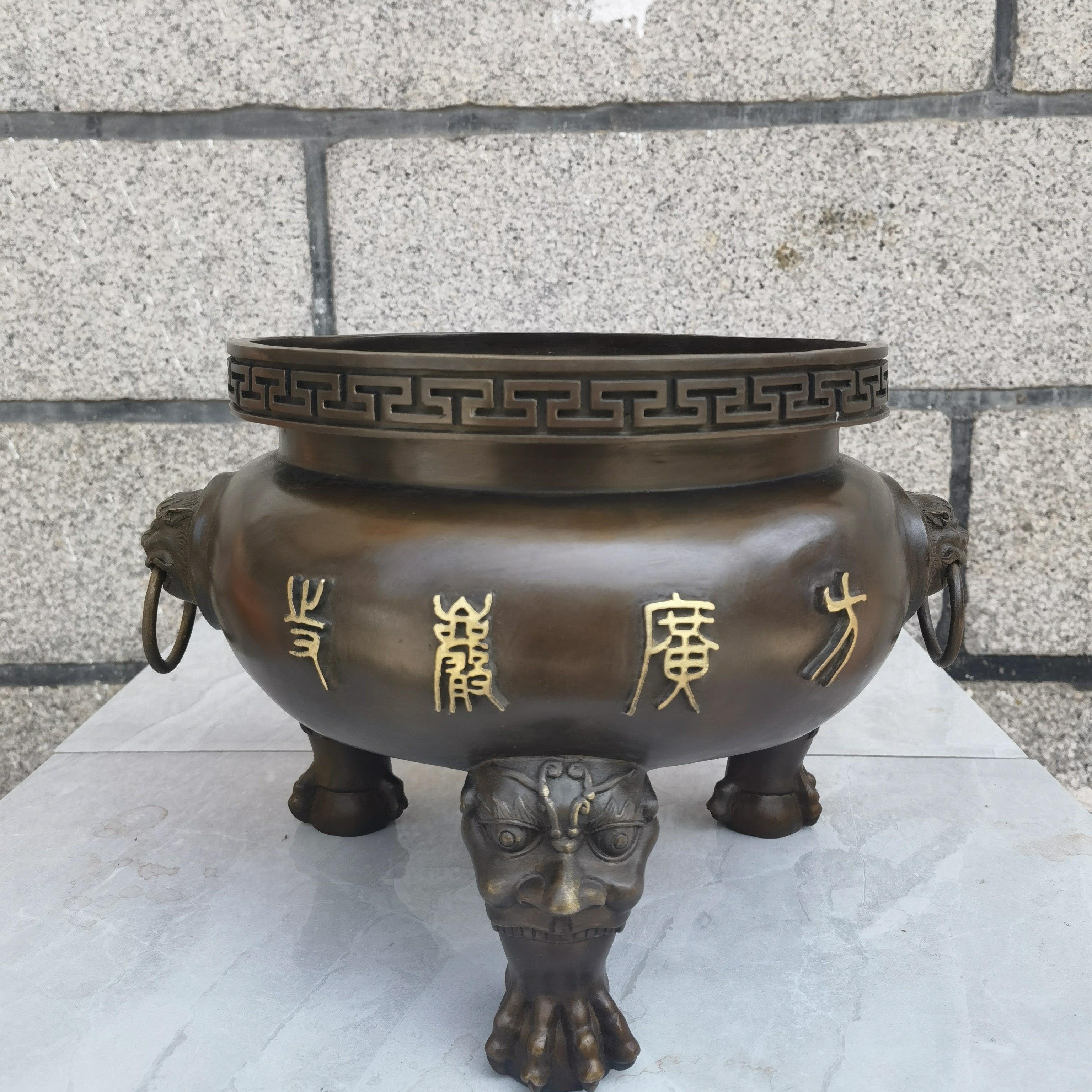 纯铜香炉家用黄铜烧香炉寺庙五供花瓶铸铜香炉三足香炉大号香炉