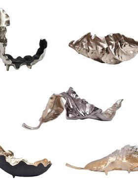 进口铝制枯树叶状花器摆件新中式复古轻奢样板间客厅果盘烛台装饰