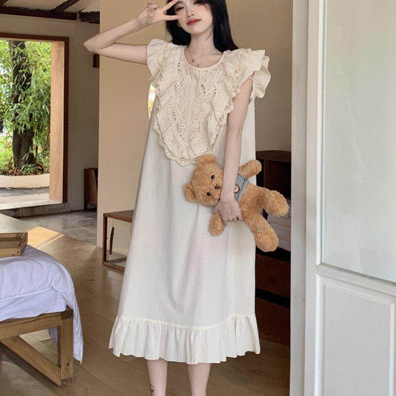 夏季法式甜美睡裙公主风棉麻纯色宽松荷叶袖蕾丝仙女风睡衣家居服