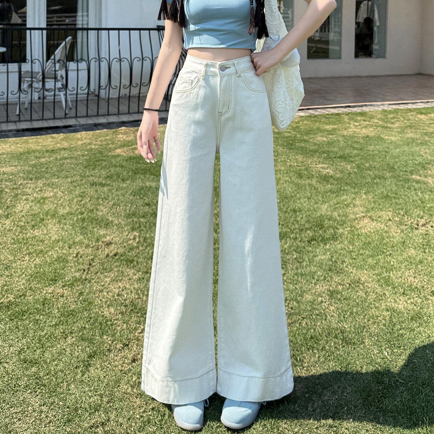 2026春秋新款小个子高腰显瘦宽松垂感拖地微喇叭白色阔腿牛仔裤女