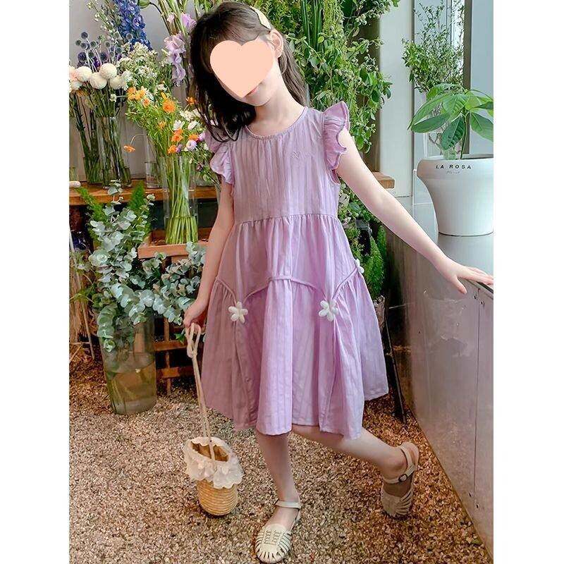 女童韩版洋气纯色飞袖连衣裙中大童夏季新款时尚薄款蝴蝶公主裙潮