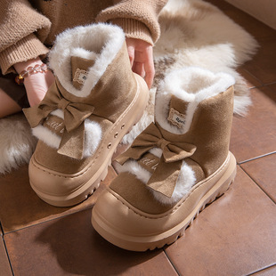 加绒高帮棉鞋女士冬季厚底外穿防滑保暖毛绒百搭蝴蝶结时尚棉拖鞋