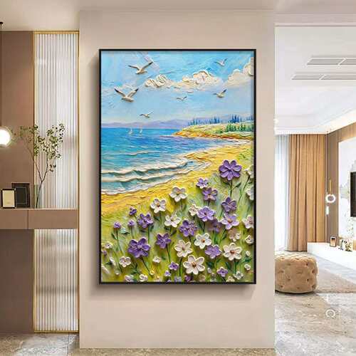 大芬村手绘肌理油画奶油风海浪客厅装饰画手工立体风景竖版挂画