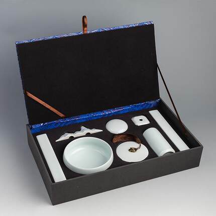 正品泥御宝阁汝窑青7套件文房四宝瓷器礼品套装古风礼盒装书法摆