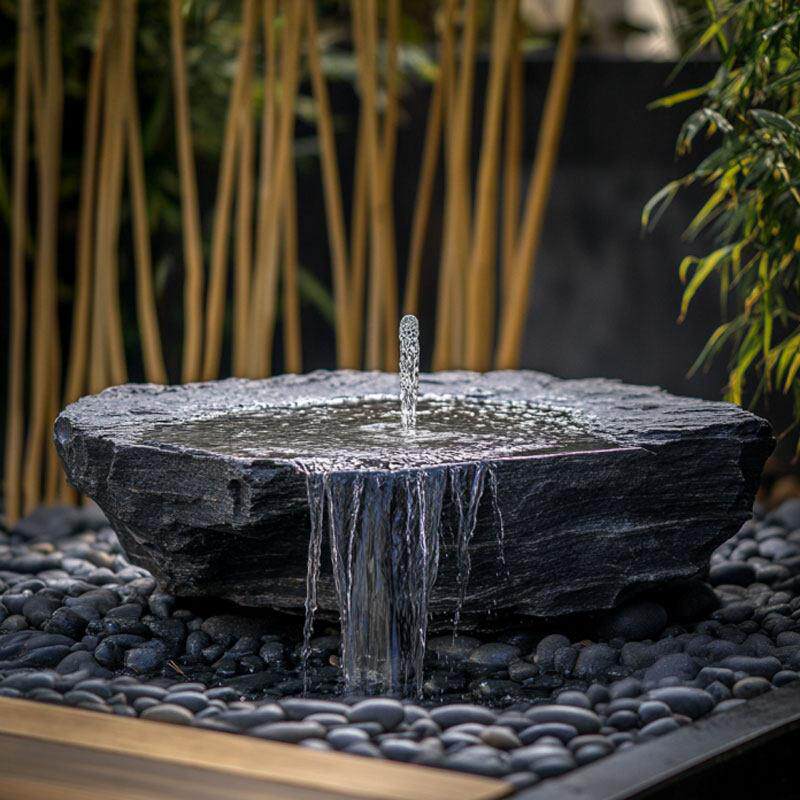 黑山石水钵流水摆件新中式庭院异形水池水景涌泉中国黑石盆石雕