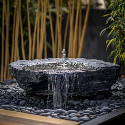 黑山石水钵流水摆件新中式庭院异形水池水景涌泉中国黑石盆石雕