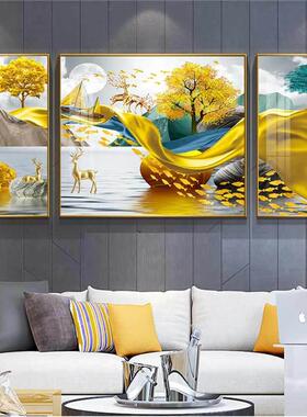 金鹿三联画客厅装饰画现代简约沙发背景画挂画卧室壁画大气墙画