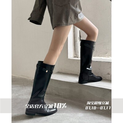FairyWink 转角巴黎～！金币粗跟厚底中长筒骑行靴女秋冬高筒长靴