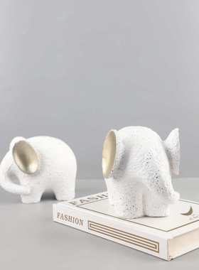北欧创意卡通抽象树脂金耳小象动物摆件玄关卧室儿童房家居装饰品