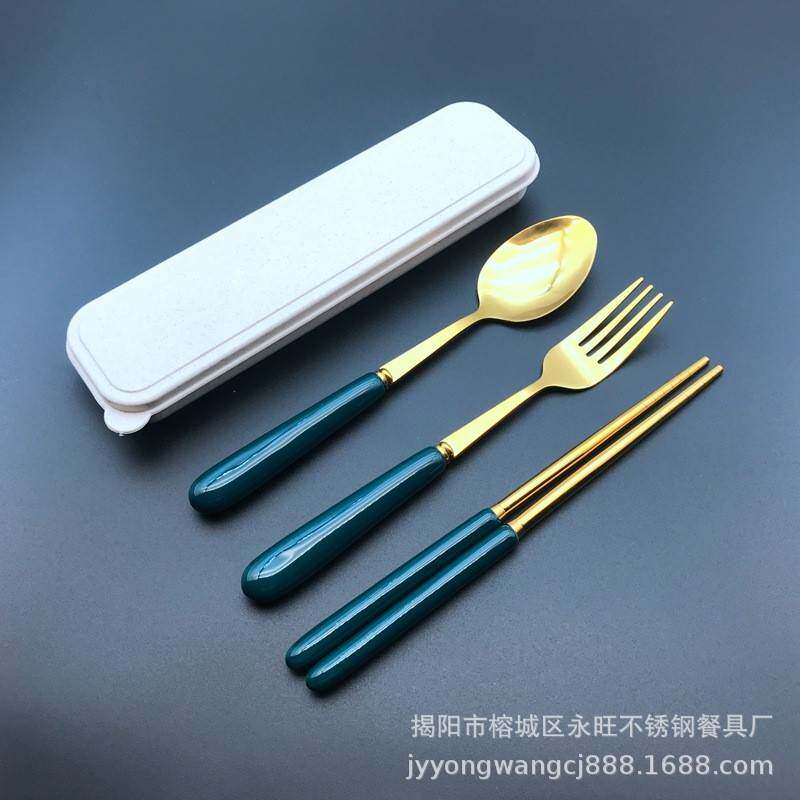 创意韩式陶瓷不锈钢镀金勺叉筷子三件套 糖果色礼品餐具套装刀叉