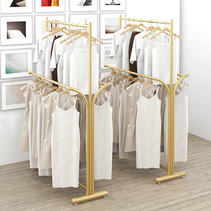 双层服装店展示架儿童服装落地式衣架金色多层展示架双排挂衣架