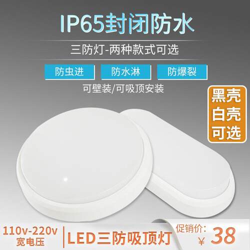 户外LED三防灯防潮吸顶灯阳台走廊道庭院墙壁浴室防水灯110V220V