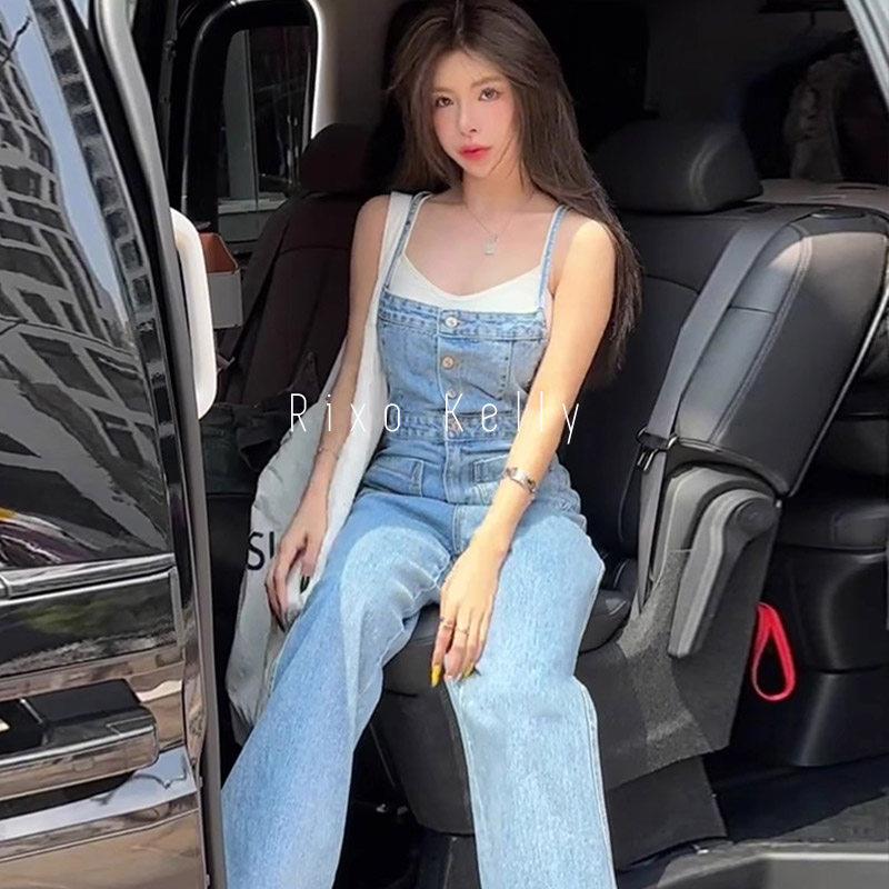 Rixo Kelly百搭设计感背带牛仔裤子女高腰修身显瘦高级感收腰长裤