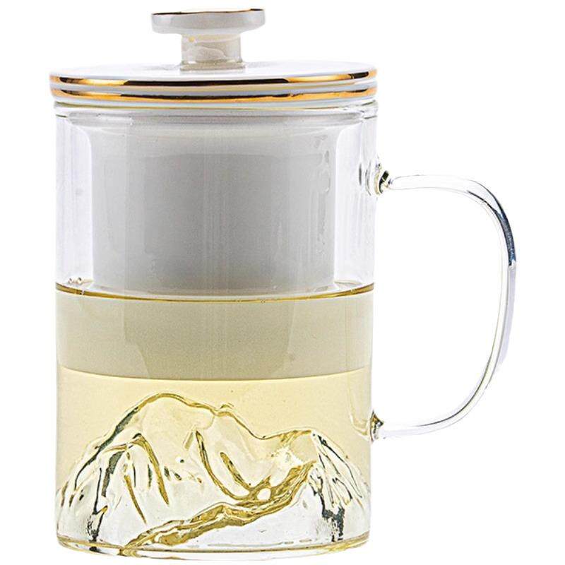 观山茶水分离透明杯带手柄办公室家用泡茶陶瓷过滤玻璃杯新中式