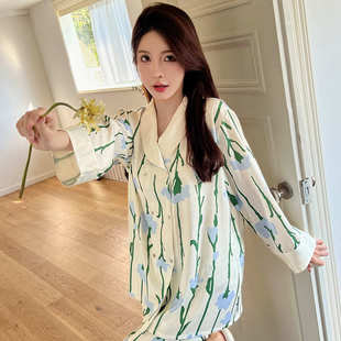 花枝花开 薄款 冰丝睡衣女春秋季 家居服套装 高级感休闲长袖 长裤