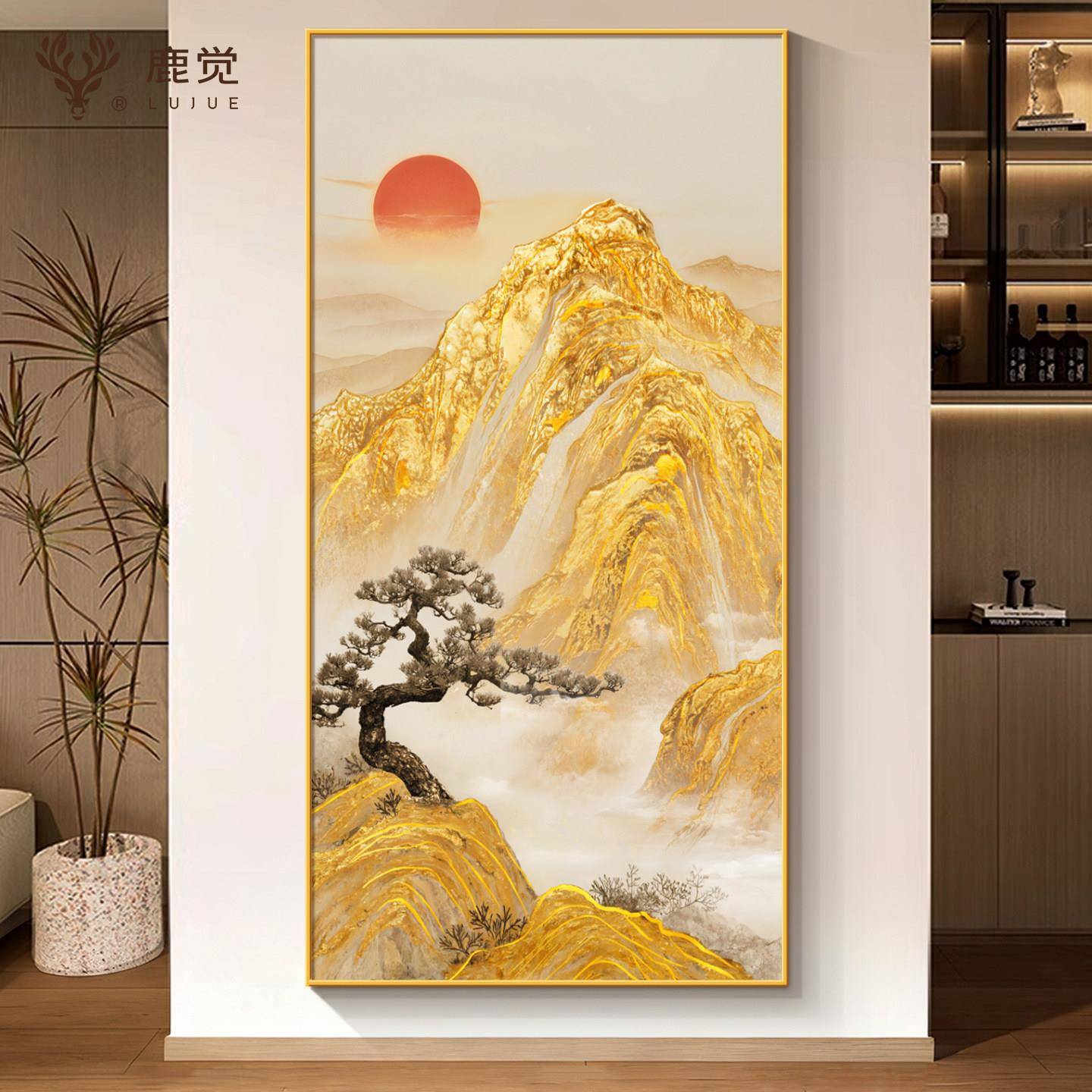 日照金山玄关装饰画迎客松入户迎门墙挂画有山无水靠山画轻奢壁画