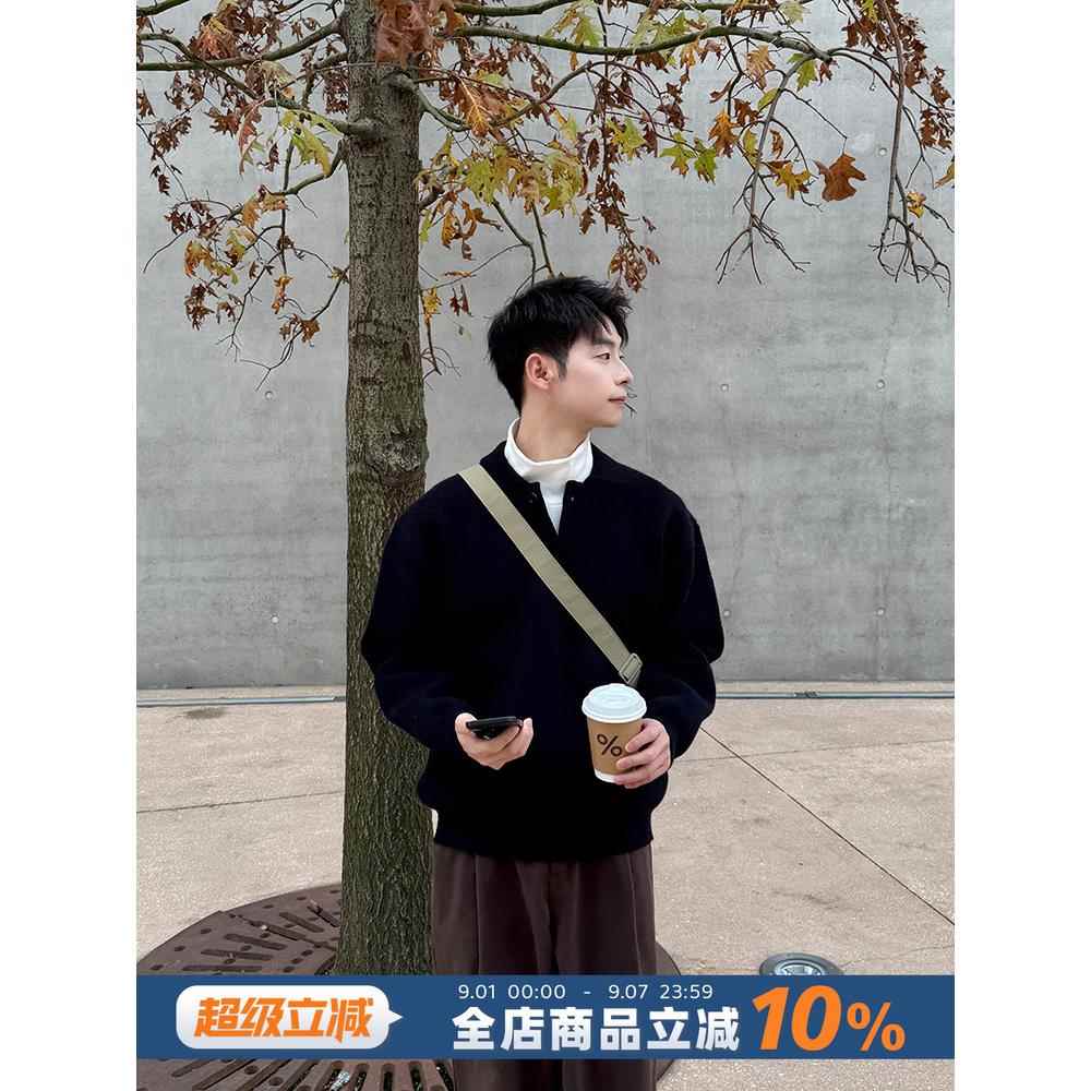 黑色翻领毛衣针织打底衫男春季2026新款休闲长袖宽松慵懒风套头