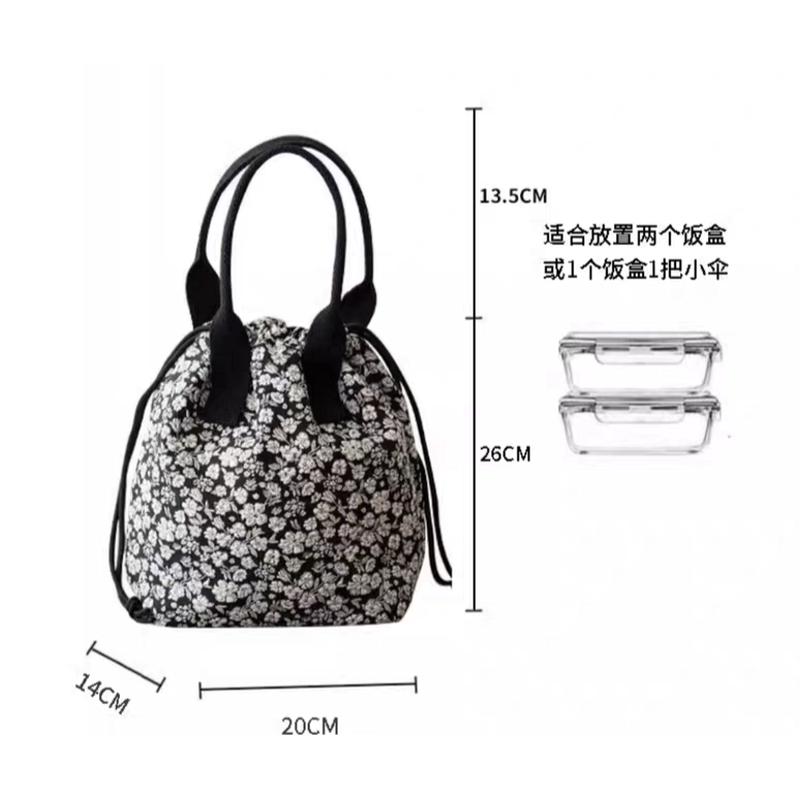 小众手提袋黑白花抽绳束口大容量保温袋日式便当包饭盒袋