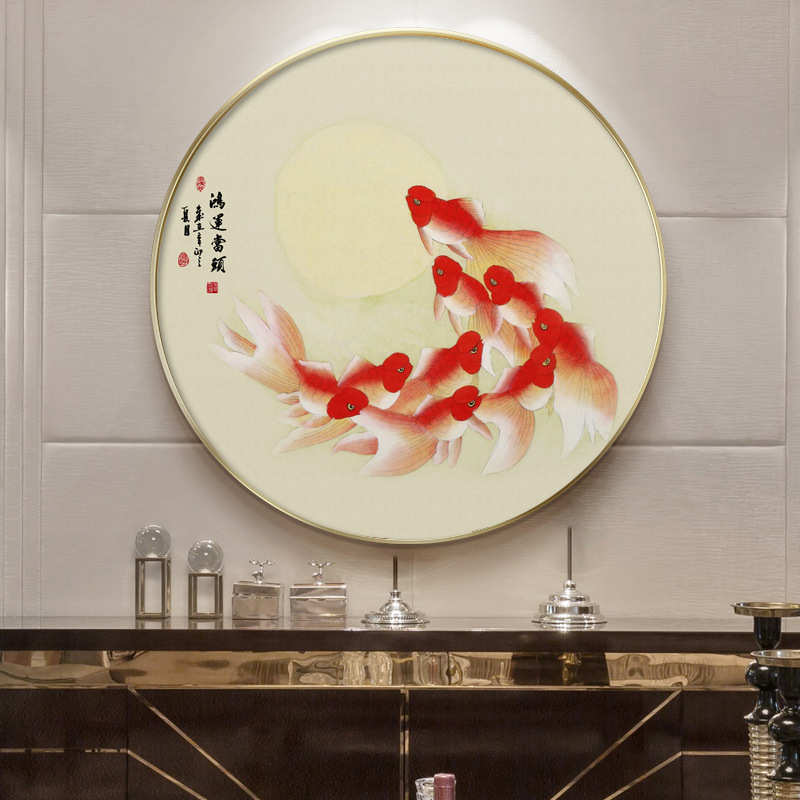 新中式圆形装饰画九鱼图餐厅挂画实木圆框画玄关背景墙画走廊壁画图片
