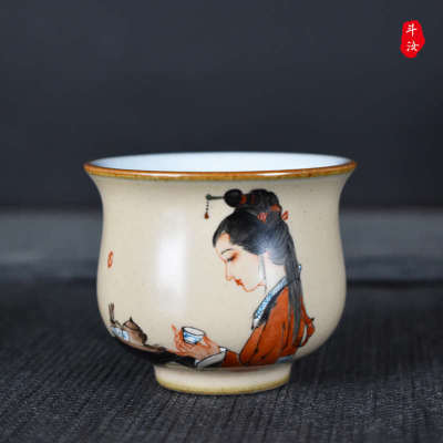 高端手绘仕女图纯手工美女茶杯景德镇汝窑开片主人杯陶瓷品茗杯小