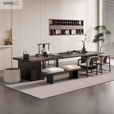 鸿实新木轻FLW奢岛台简室约茶桌办公桌椅组合用家客厅一体款泡茶