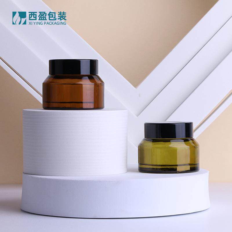 现货50G茶色眼霜瓶配黑色盖30g橄榄绿斜肩玻璃膏霜瓶化妆品分装瓶