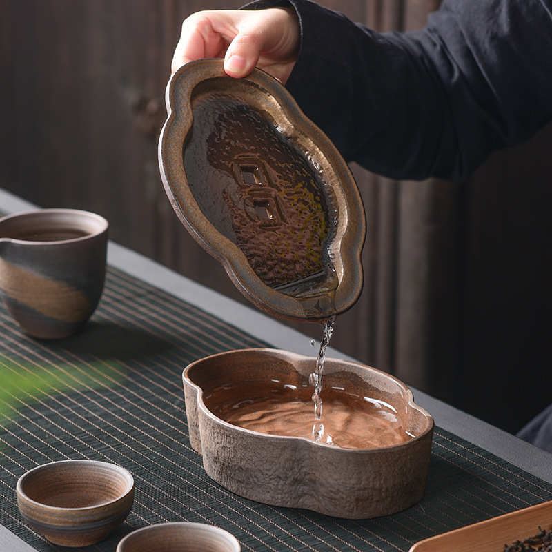 日式粗陶复古托盘铜锈釉鎏金壶承茶承功夫茶具干泡小茶台家用储水