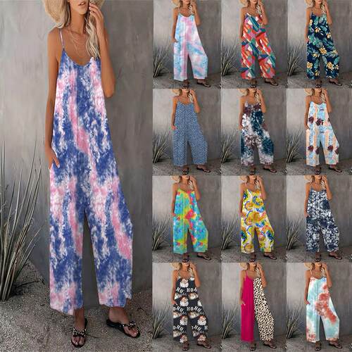 Women's suspender pants printed sleeveless jumpsuit