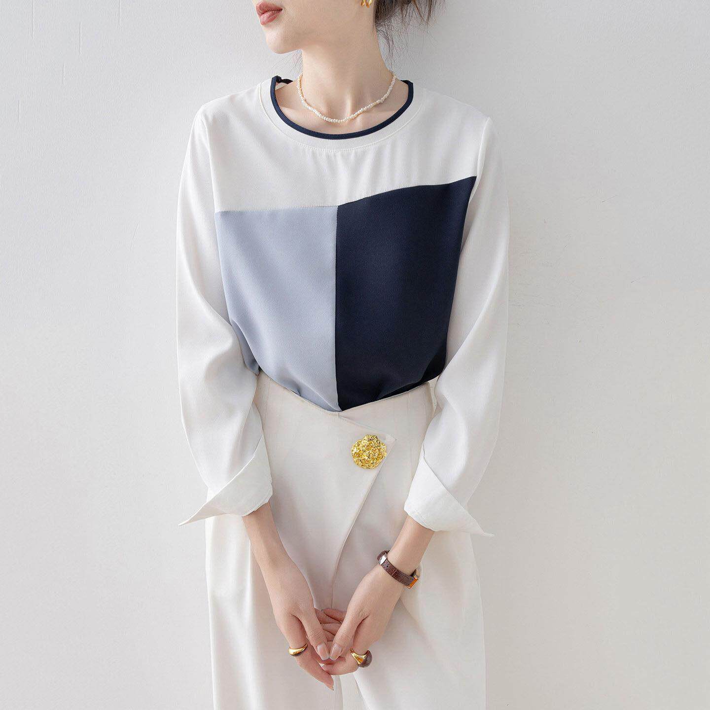 Canary Kiss撞色拼接圆领长袖T恤女2026年春夏宽松设计感小众上衣