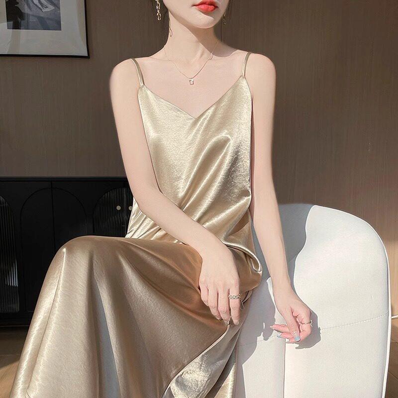 新中式国风真丝吊带洋装女2025春夏新款桑蚕丝缎面垂感吊带长裙