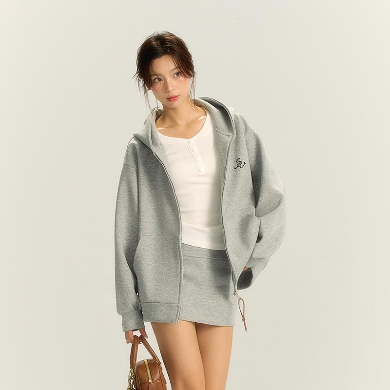 iNSLiiSA灰色连帽卫衣女秋季新款慵懒风韩式休闲重磅百搭纯色外套