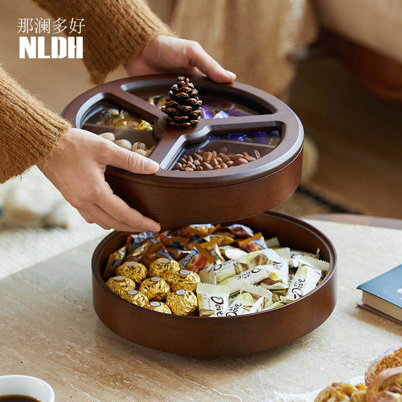 新年干果盘糖果盒家用木质客厅双层乔迁水果盘过年零食分格收纳盒