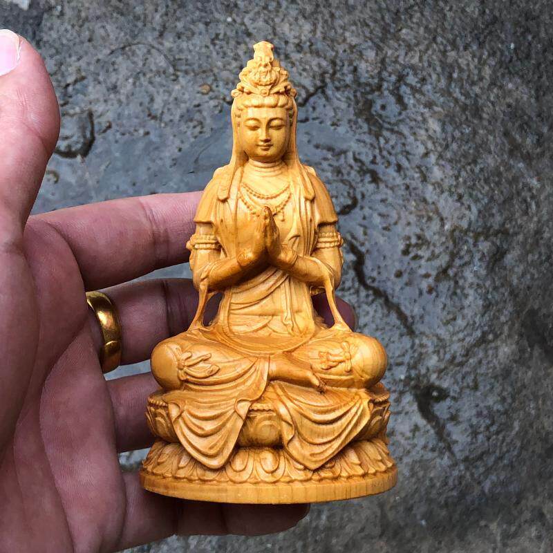 崖柏木雕坐莲合十观音菩萨车载中控人物佛像摆件家居寺庙供奉饰品
