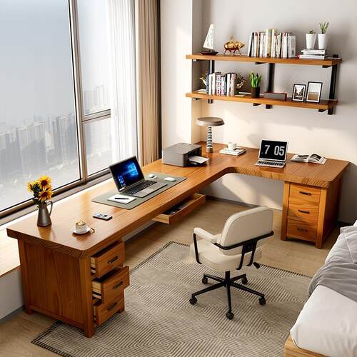 实木转角书桌原木中古风办公电脑桌子l型7拐角卧室书房双人长条桌