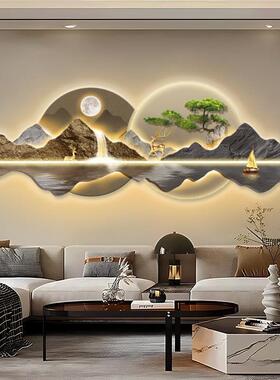 背有靠山客厅装饰画山水LED灯画新中式沙发背景墙挂画迎客松壁画