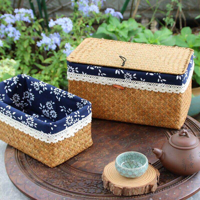 藤编收纳篮海草编织竹编长方形带盖子收纳箱电视柜收纳盒零食框篮