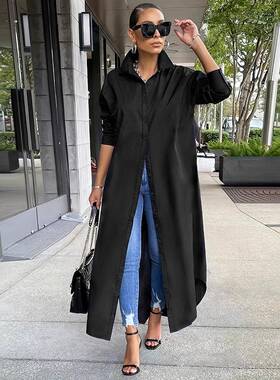 Women's Solid Collared Button Front Long Blouse, Casual Top